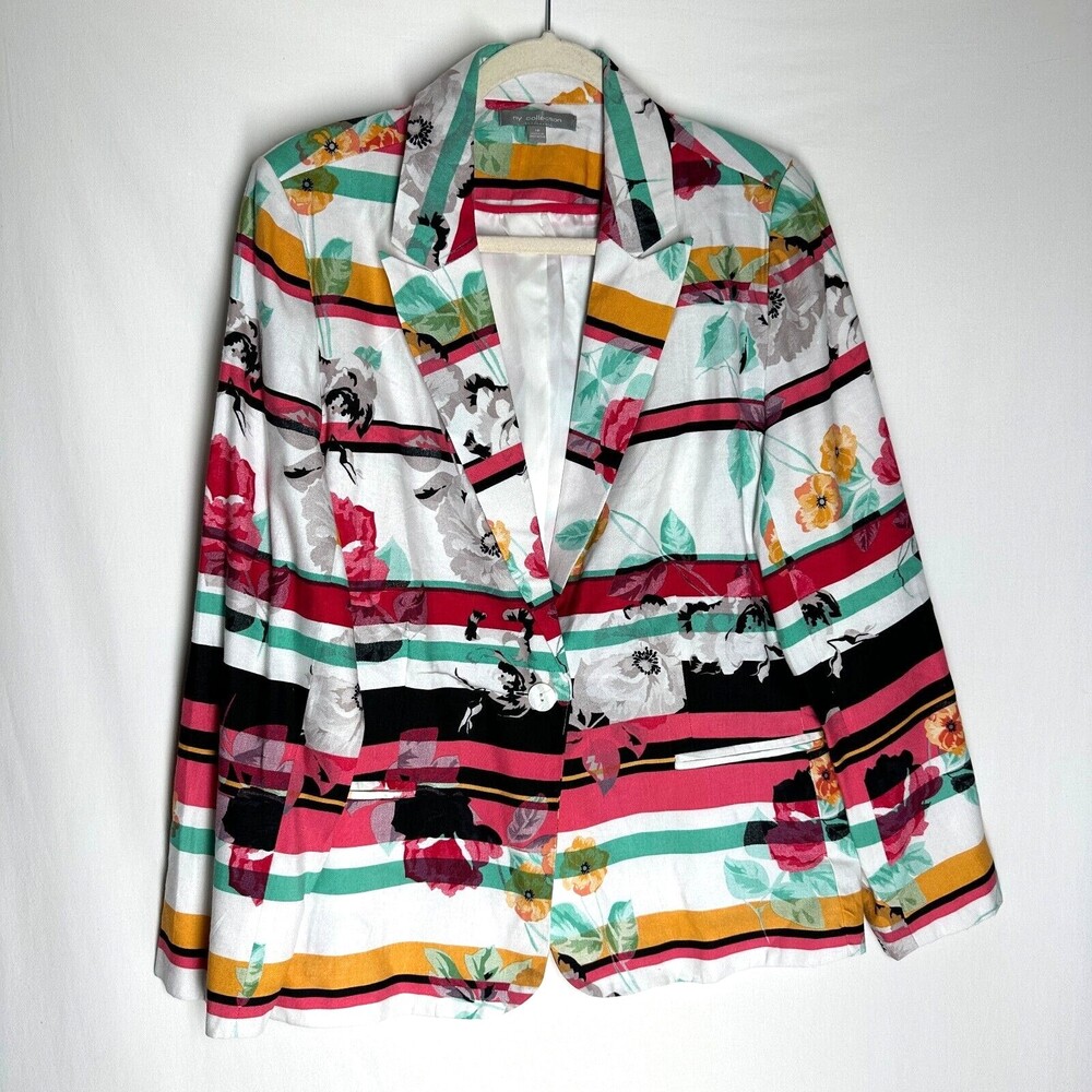 NY COLLECTION One-Button Blazer Jacket Size 16 Colorful Notch Floral Striped
